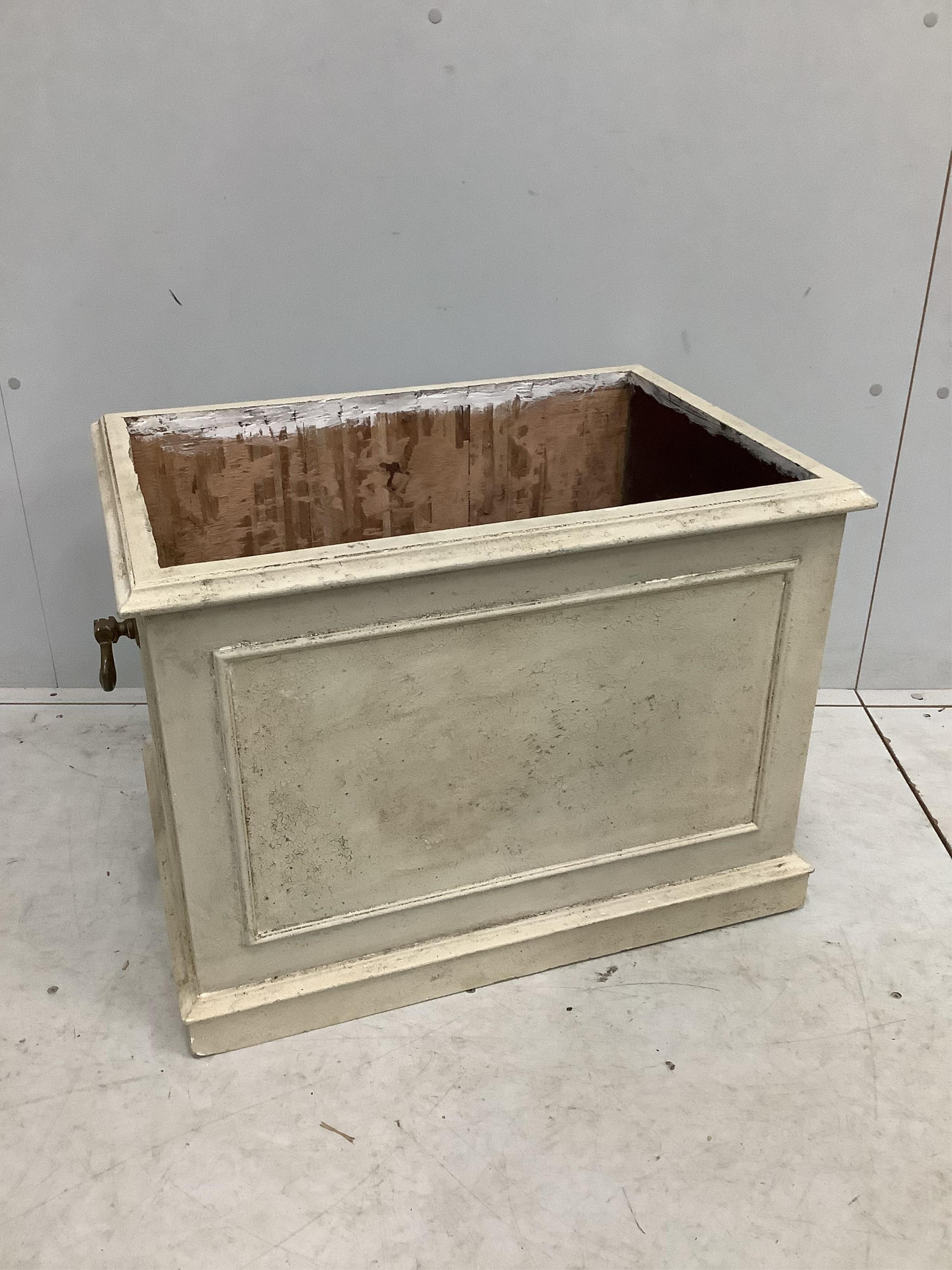 A rectangular painted wood planter, width 69cm, depth 49cm, height 51cm. Condition - fair